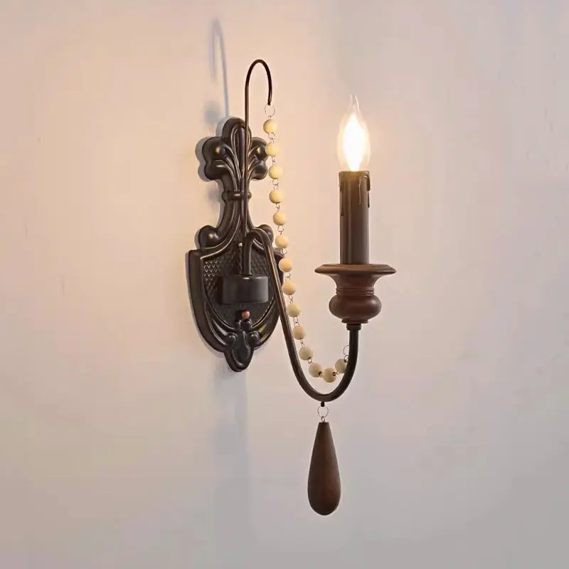 American Retro Wall Lamp Single Head French Vintage Bedroom Hotel Bedside Solid Wood Background Wall Candle Lamp Aisle Lighting
