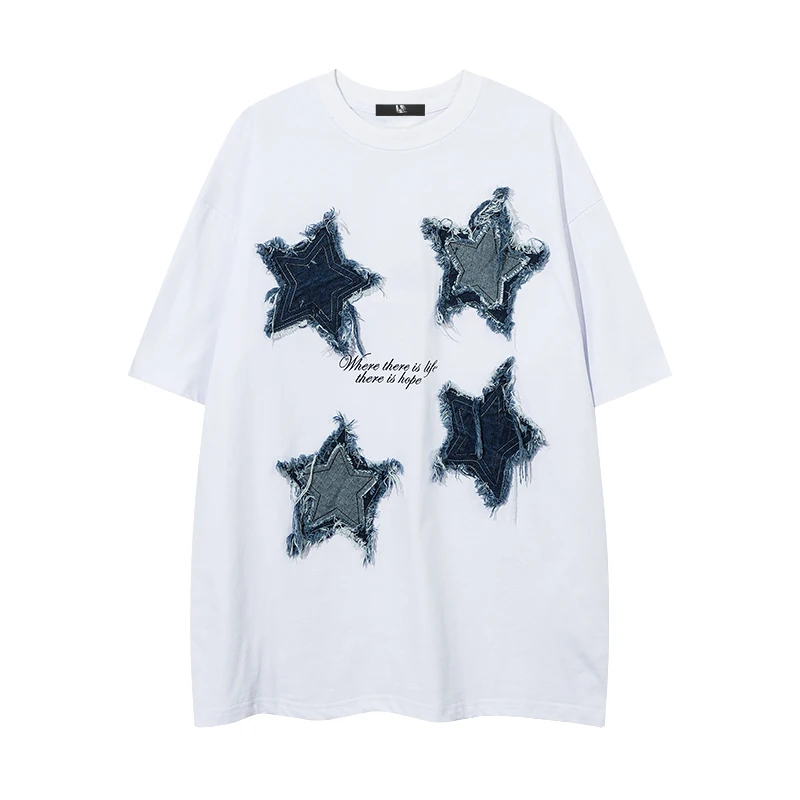 

UPRAKF Y2K T Shirt Pentagrams Embroidery Patchwork Streetwear Hip Hop Oversized Harajuku Loose Cotton Short Sleeve Summer Unisex