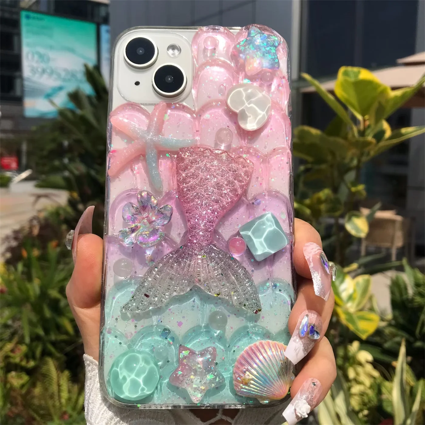 Handmade Mermaid Ripple Stone Flower Dolphin Starfish Soft TPU Acrylic Dustproof Phone Case