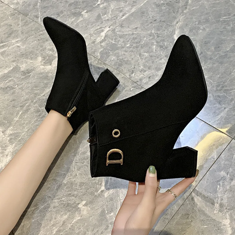 Autumn Winter New Womens Ankle Boots Thick Heel Pointed Toe Short Boots Woman Suede Boots Fashion Large Size Ladies Casual Shoes