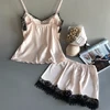 102032-f41562.jpg Vêtements de nuit d'été femmes pyjama costume mode col en v Stretch Satin nuisette dentelle Sexy Lingerie pyjamas sommeil ensemble short et haut