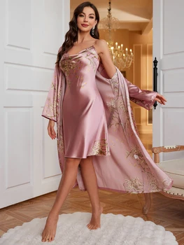 طقم روب نوم وأنيق وعصري مطبوع مكون من قطعتين لملابس منزلية غير رسمية للنساء 5