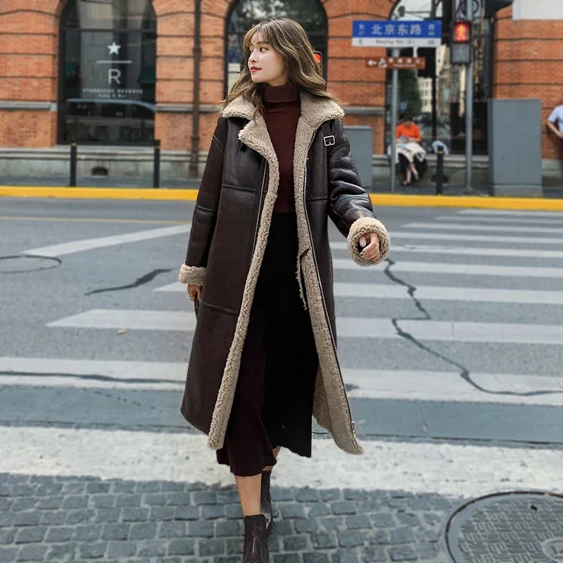 

Winter Real Fur Coat Female Natural Sheep Shearling Genuine Leather Jacket Women Long Streetwear Sheepskin Coats Hiver 106