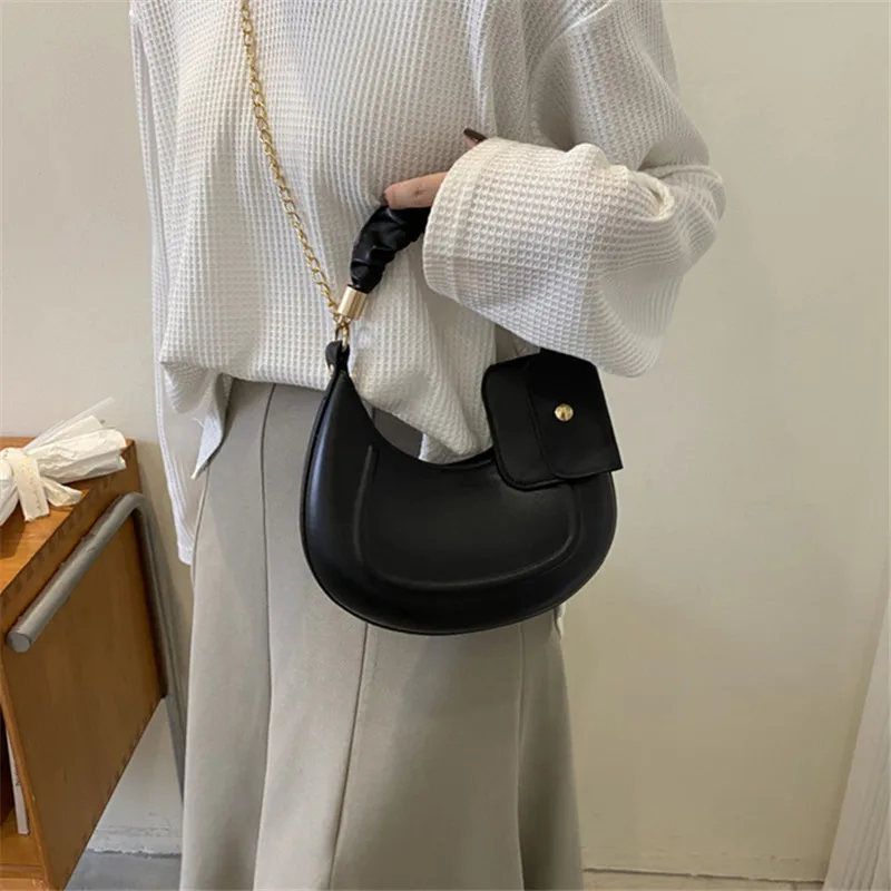 Solid Color Leather Handbag with Small Bag Stylish Underarm Shoulder Bag Fashion Pleated Tote Bag Simple Chain Cross Body Bags