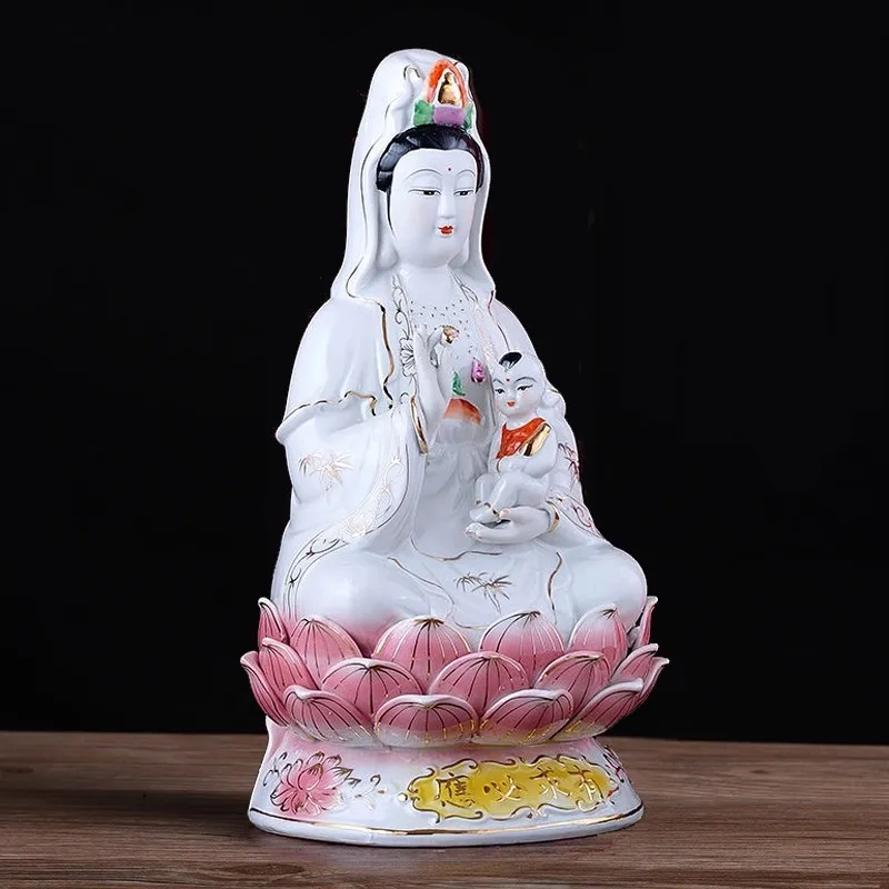 Chinese Ceramic Goddess of Mercy Statue - Fertility Guanyin Bodhisattva, Home Decor Buddha Figurine for Blessing, Pregnancy Wish