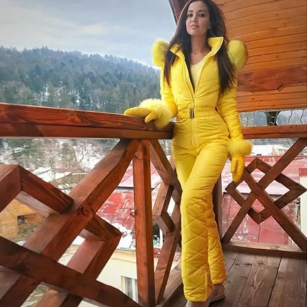 Fleece Women Skiing Jumpsuit Faux Fur Collar Hooded Ski Suit Windproof Outdoor Sports Snowboard Overalls Waist Belt Rompers