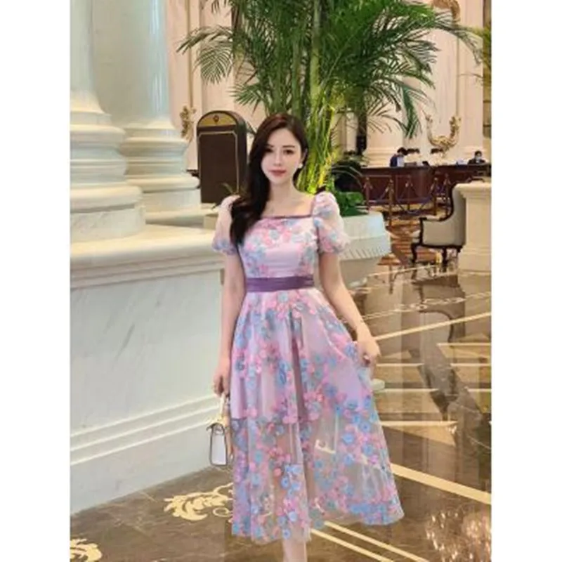 

2024 New Summer Fashion Mesh Flowers Embroidery Dress Women Square Collar Vintage Long Dress Vestidos Female Clothing
