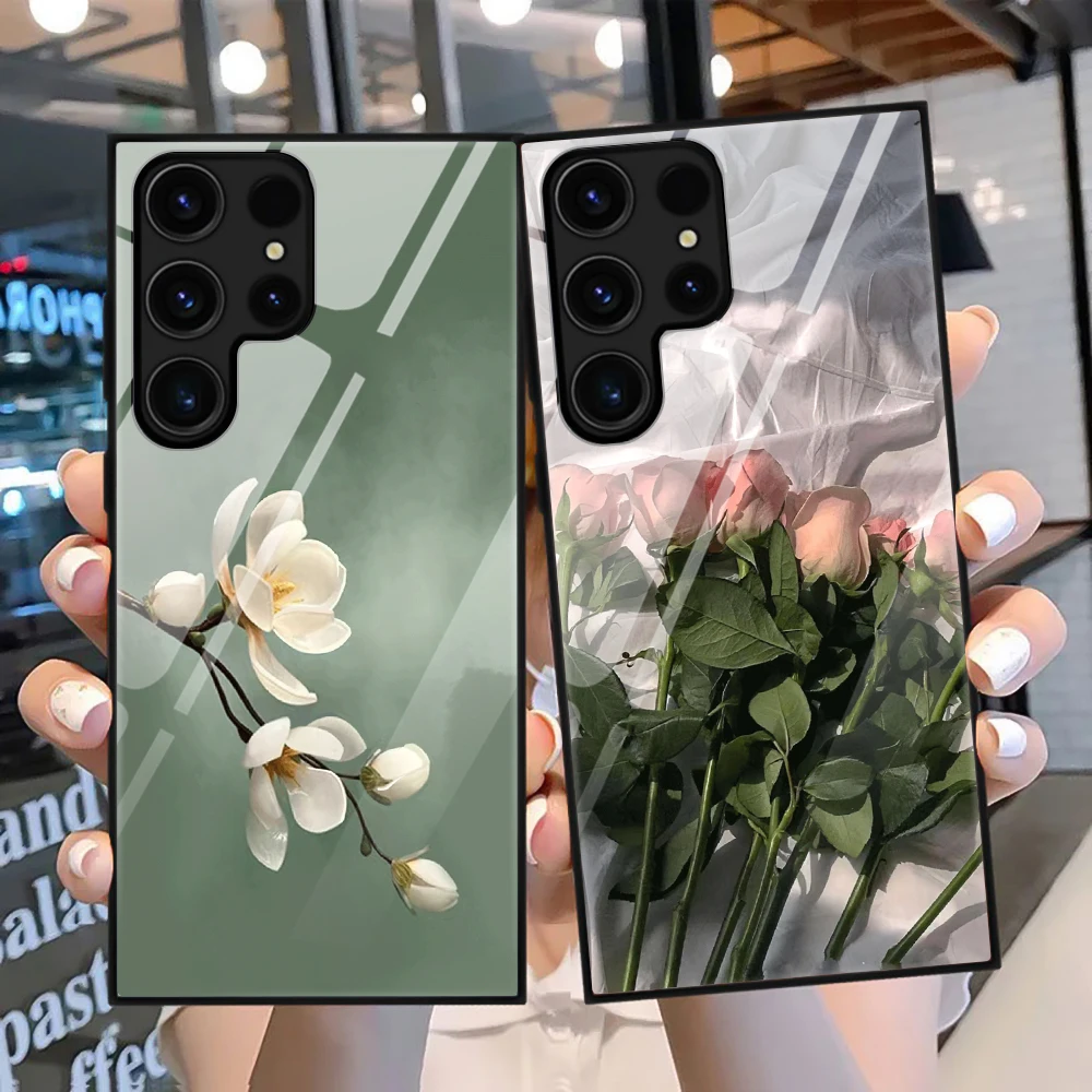 Custodia Magnolia Bianca Per Samsung Galaxy S23 S22 S21 S20 Ultra Plus Fe S10 Lite Note 20 10 S10E S9 Vetro Temperato Rose Coque