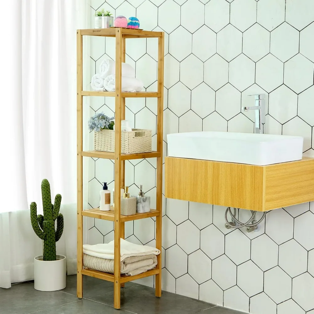 5-Tier Bamboo Bathroom Shelf, Narrow Shelving Unit, Multifunctional Storage Rack, Corner Rack, for Kitchen, Living Room, Bedroom 6