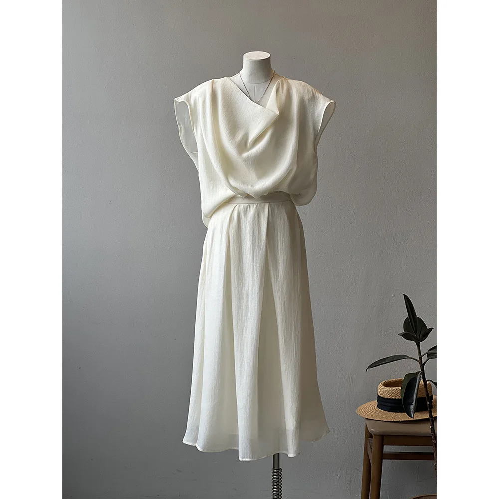 Women Clothing Set Gentle Style 2024 Summer New Fashionable Sleeveless Shirt and Elastic Waist Skirt Solid Color Two Piece Set