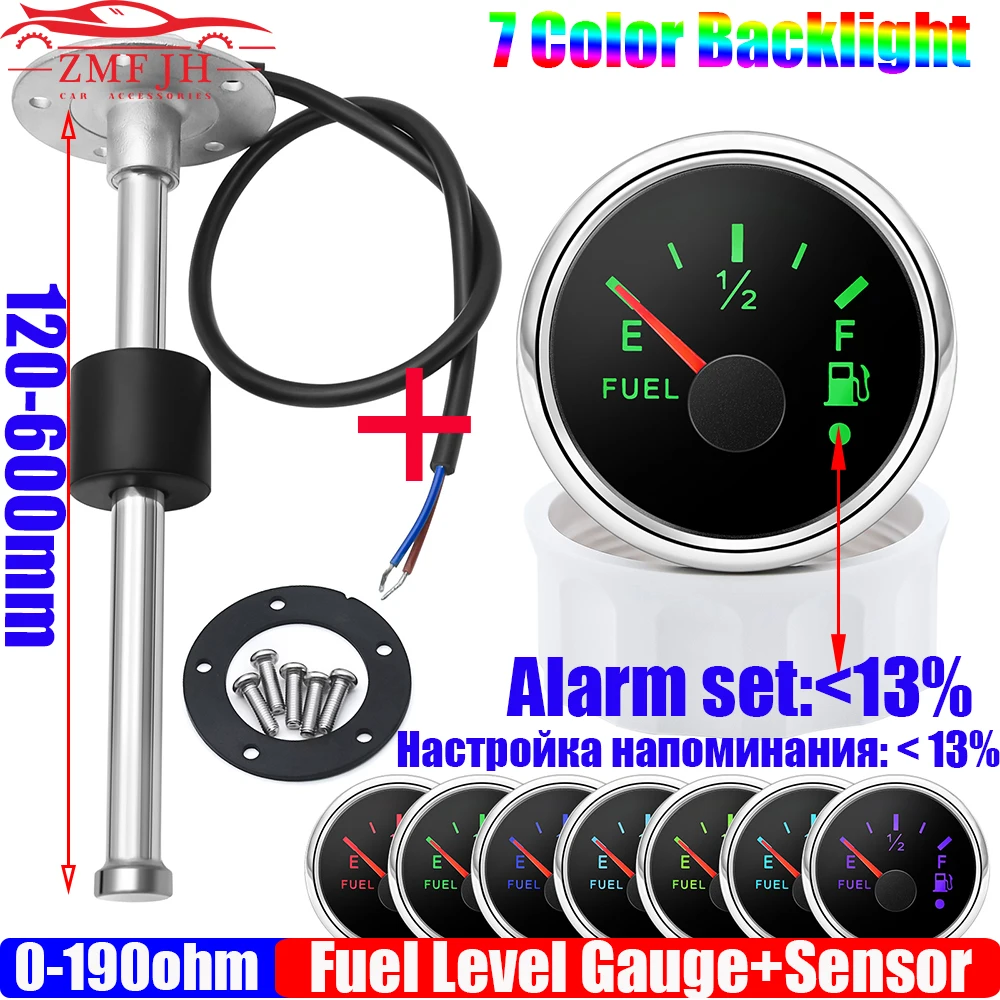 Fuel Level Gauge+Fuel Float Sensor Oil Tank Meter with Alarm 7 Color Light 2"52mm 100-550mm 0-190 ohm for Car Yacht 12V24V fuel level gauge,fuel float sensor,fuel level sensor
