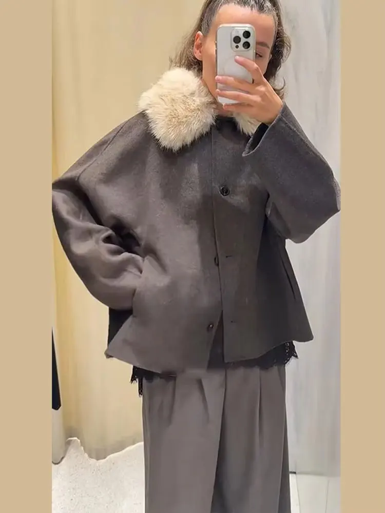 HH Women Fashion Faux Fur Lapel Woolen Coat Elegant Solid Long Sleeve Single Breasted Jackets Autumn Winter Lady Street Outwear