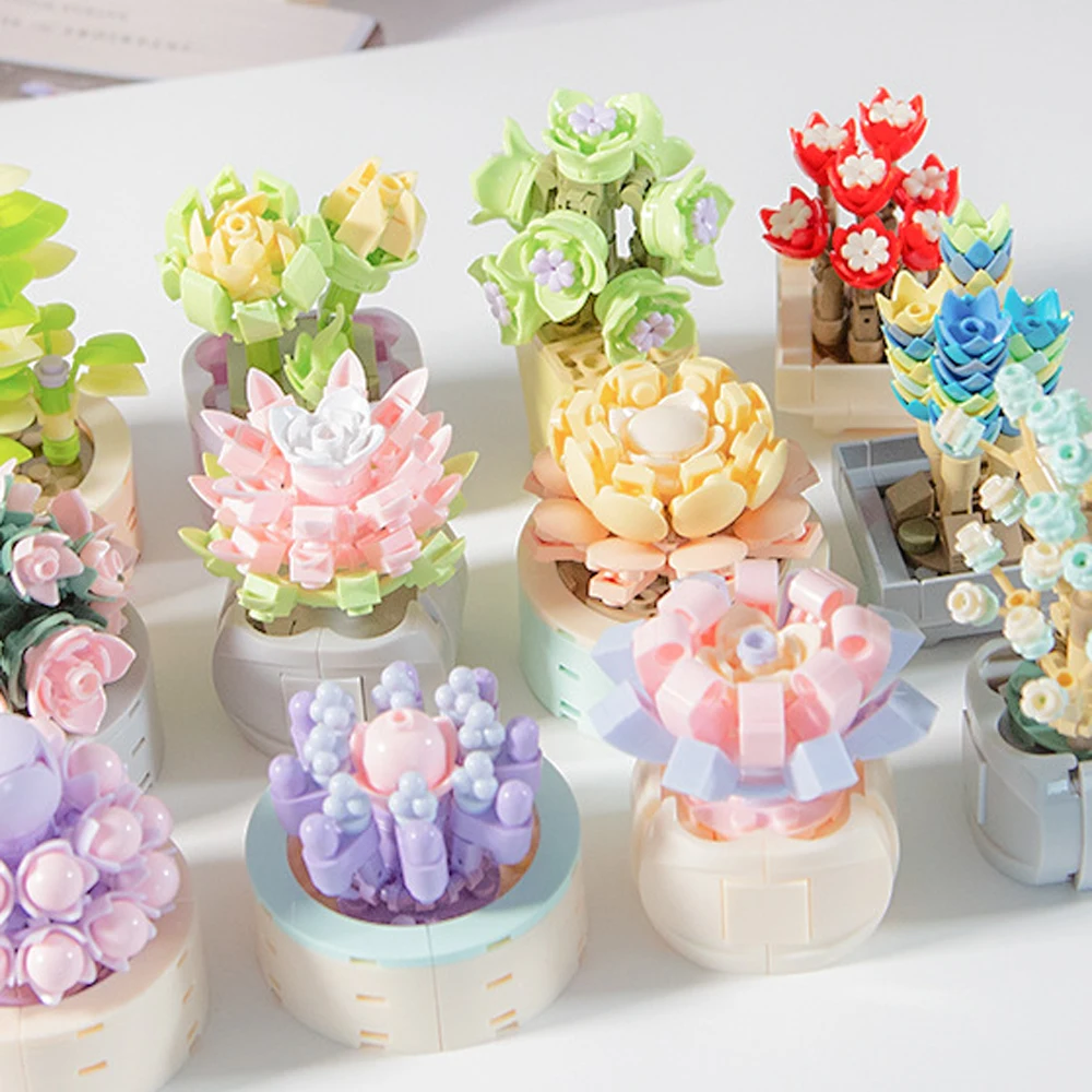 

Rainy Night Flower Building Blocks Succulent Plants Potted Flower Indoor Cute Ornaments Assembled Toys Girls Birthday Gifts