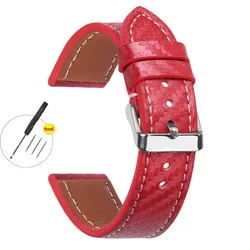 Carbon Fiber Texture Leather Strap - Premium Cowhide Watchband for Men, Soft Wrist Belt in Various Sizes (Red - Silver)