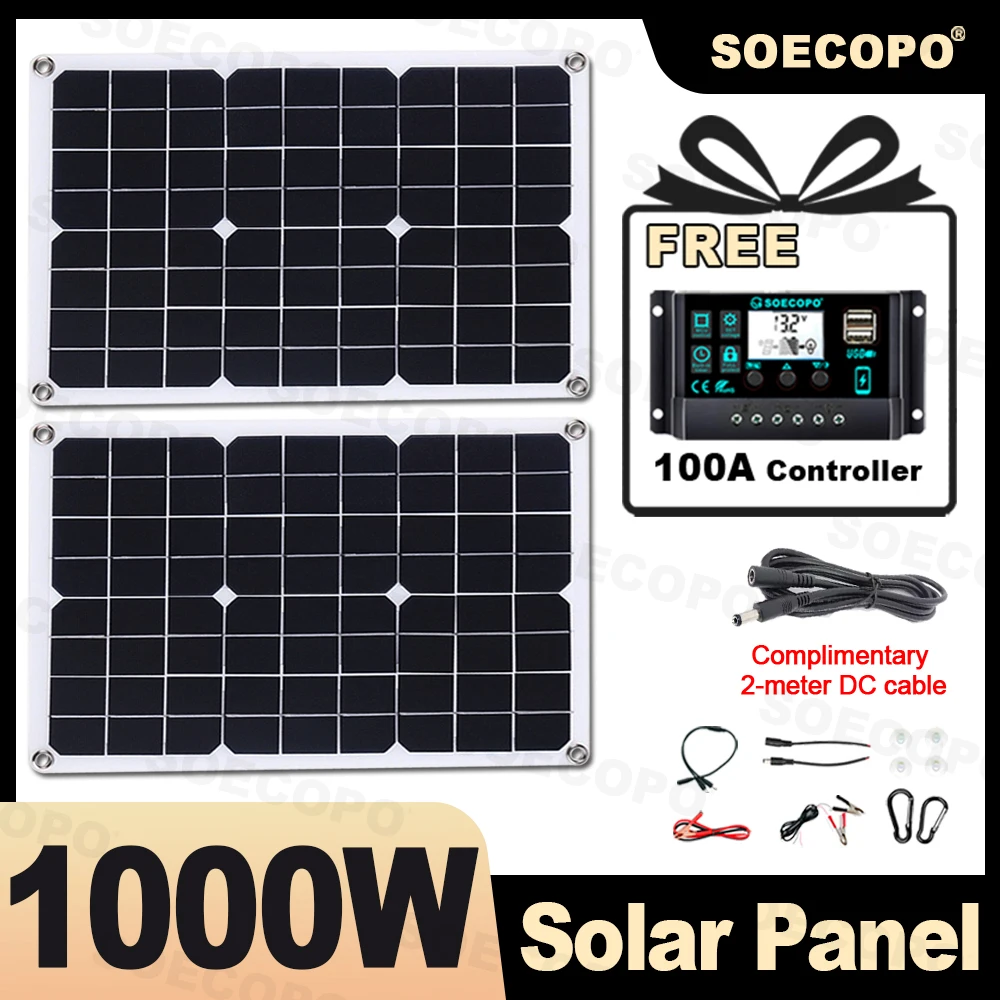ชุดแผงโซลาร์เซลล์พกพา SOECOPO 1000W - แผงเซลล์แสงอาทิตย์ 2*18V สำหรับการตั้งแคมป์ รวมถึงคอนโทรลเลอร์ 100A ฟรี และการชาร์จผ่าน USB 5V 1