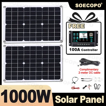 ชุดแผงโซลาร์เซลล์พกพา SOECOPO 1000W - แผงเซลล์แสงอาทิตย์ 2*18V สำหรับการตั้งแคมป์ รวมถึงคอนโทรลเลอร์ 100A ฟรี และการชาร์จผ่าน USB 5V 1