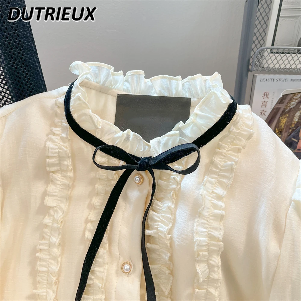 French Lolita Sweet Ruffles Lace-up Bow White Chiffon Shirt Women 2023 Autumn New Stand-up Collar Long Sleeve Button Blouse Top