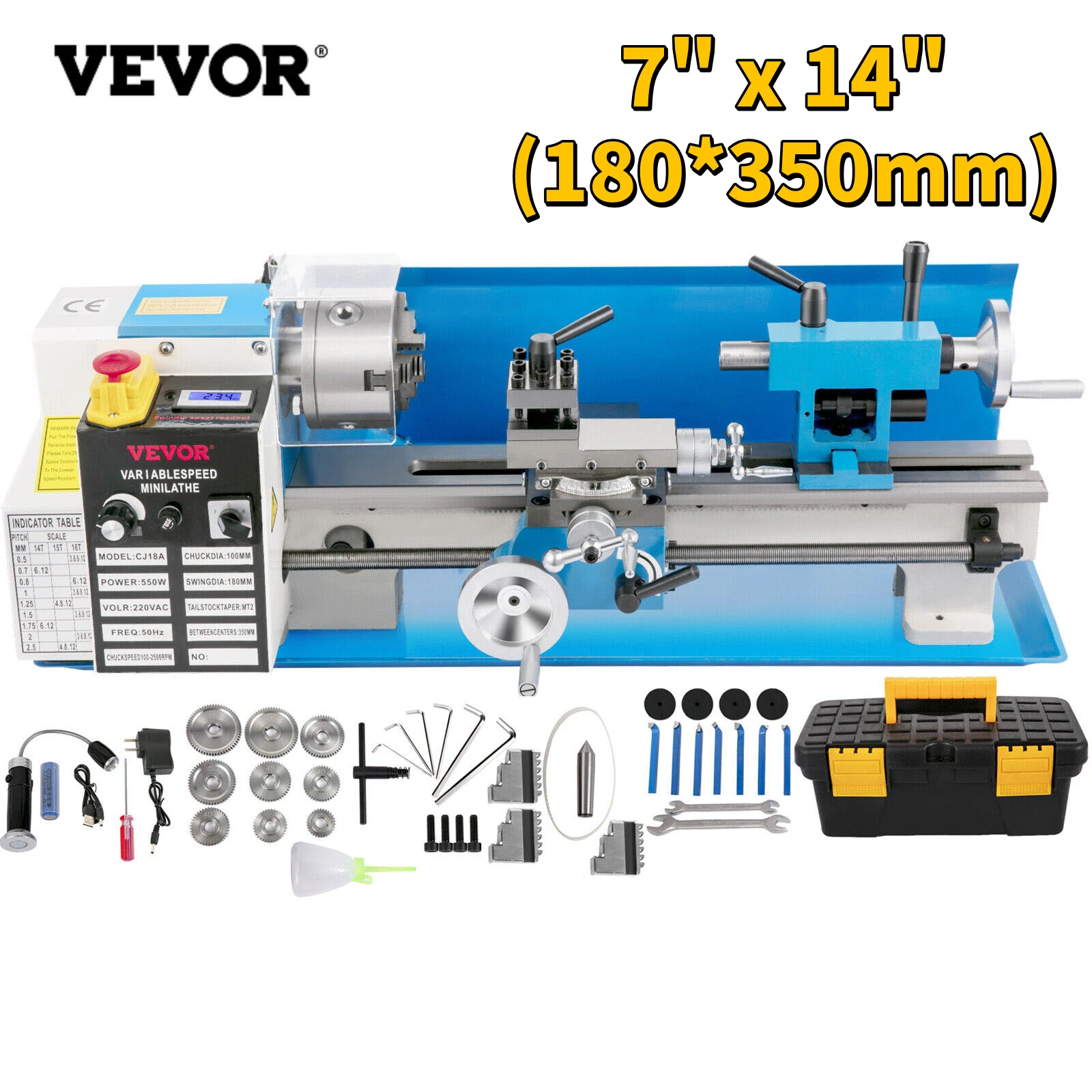 VEVOR Mini Metal Lathe Machine 7"x14" 550W 180x350mm Variable Speed