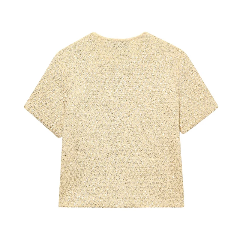 Chic Elegant Sequin Knitted Short Cardigans for Women 2025 New Fashion Short Sleeve Sweater Cardigan Casual Knitwear Top