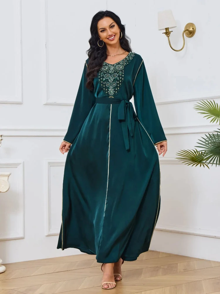 

Women Eid Muslim Dresses Dubai Arab Kaftan Islam Gorgeous Party Dress Morocco Vestidos Loose Graceful Belt Pearls Ruffles