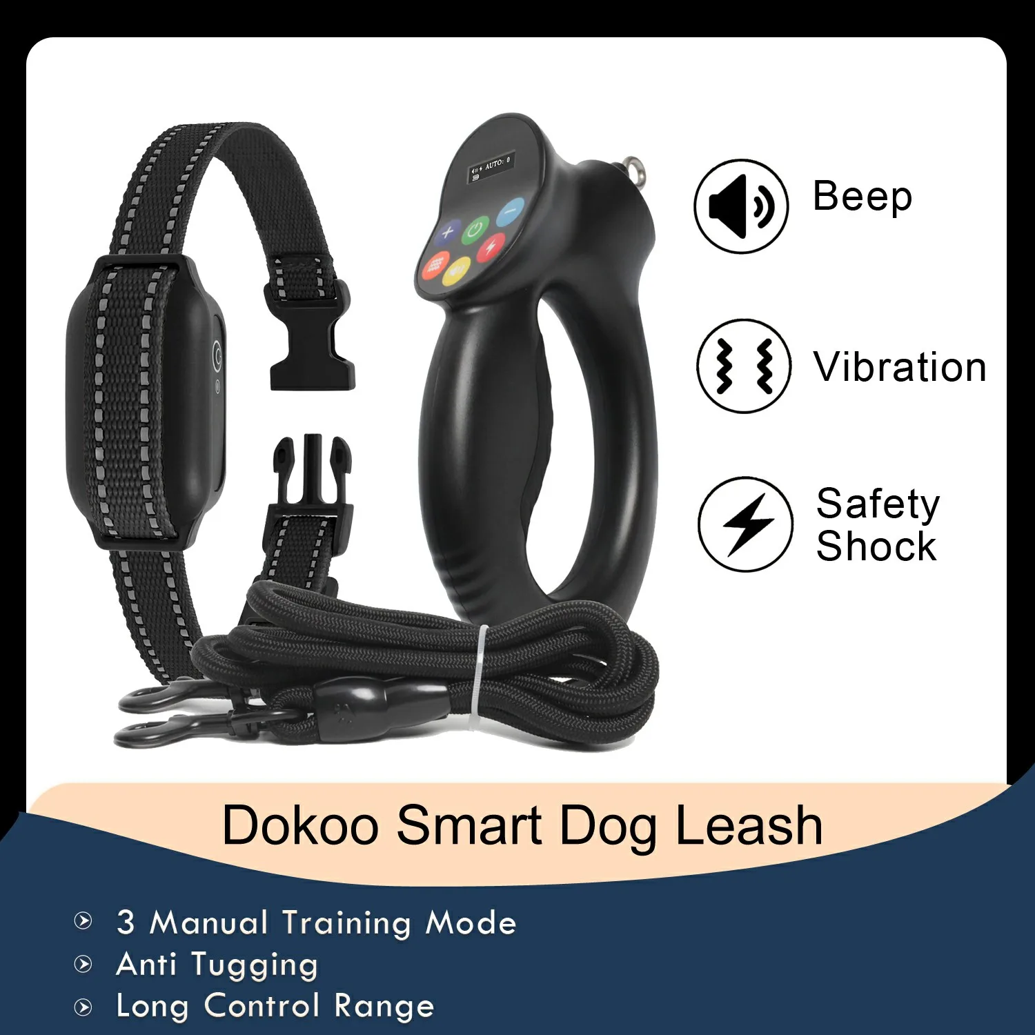 

Умный электрический поводок Dokoo для собак, ручной тренировочный ошейник с 3 режимами, амортизация, Автоматическая подзарядка, для крупных собак