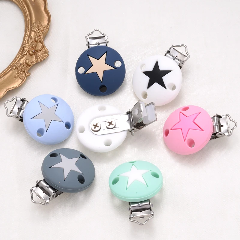 

Silicone Pacifier Clips 3Pcs Round Pentagram Pattern Silicone Clips Adapter DIY Baby Teething Nipple Dummy Holder Chain Chew Toy