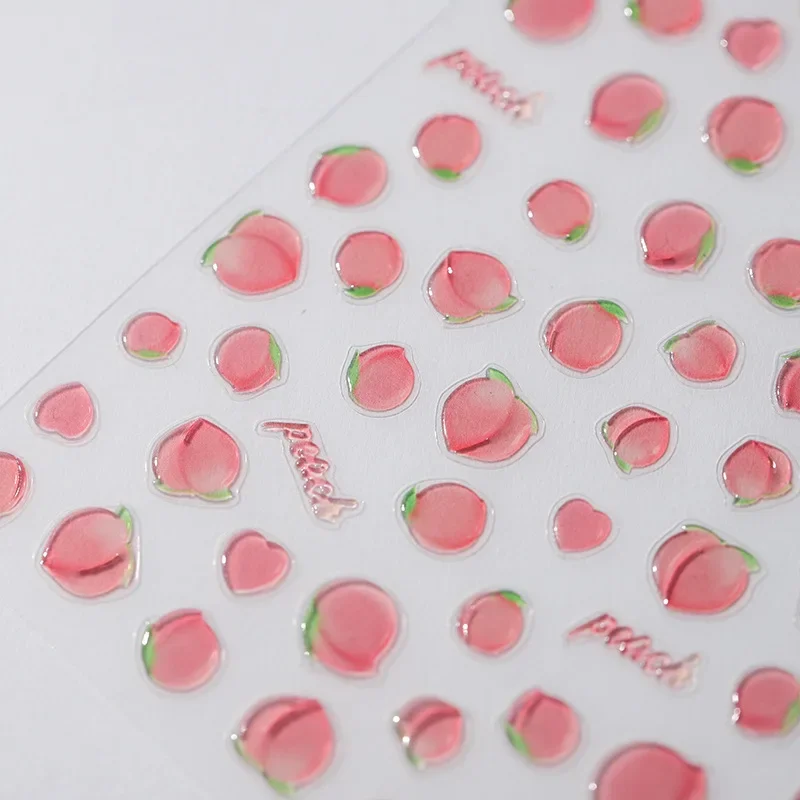 Sweet Pink Jelly Peach Hot Cute Fruits Texture Translucent Soft Embossed Relief Self Adhesive Nail Art Sticker 3D Manicure Decal