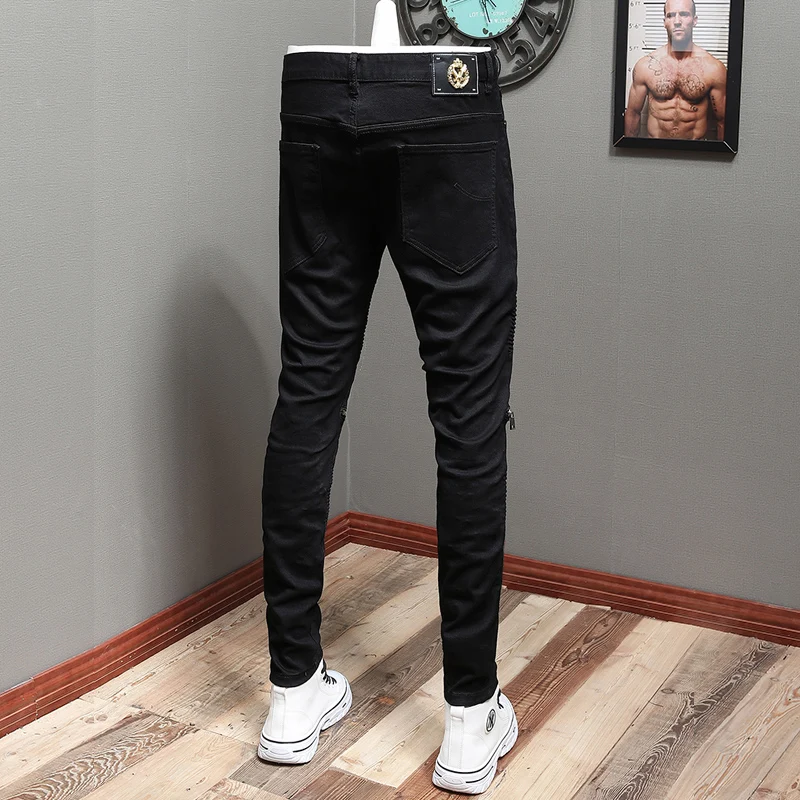 Street Fashion Men Jeans Stretch Elastic Slim Fit Spliced Designer Biker Jeans Men Black Trousers Zipper Hip Hop Pants Hombre