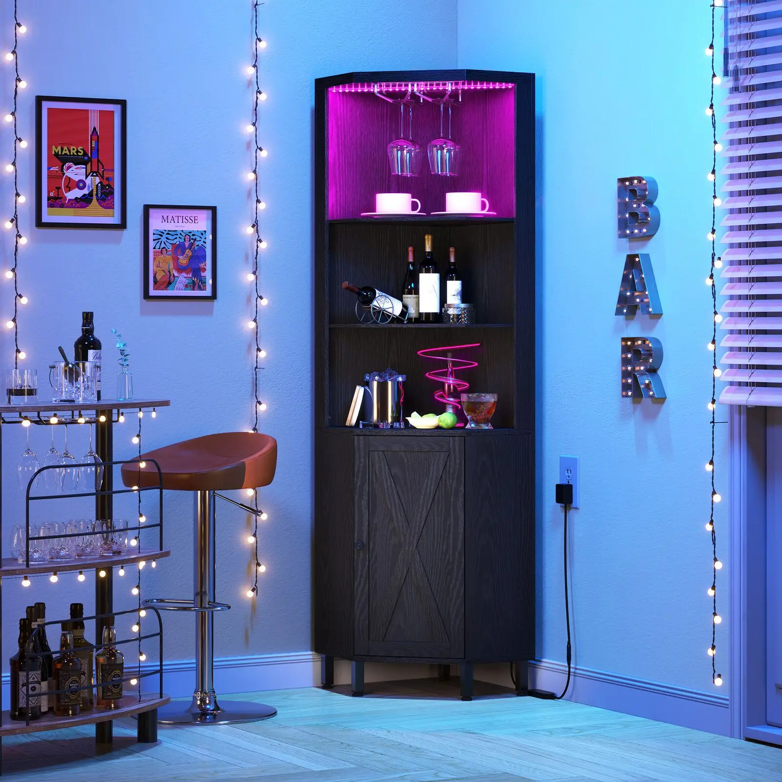 Bar Corner Liquor Cabinet Wine Storage Stemware Rack with LED Light Dining Room