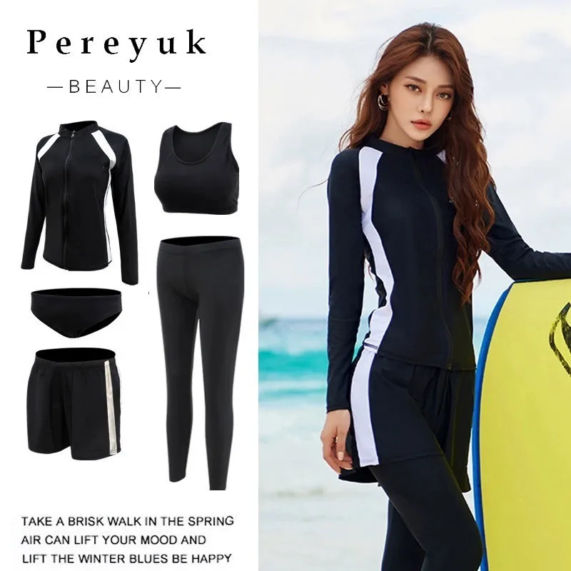 Zipper 5-piece Surfing Suit Floating Diving Suit Swimsuit For Men And Women Sun Protection For Couples Split Long Sleeved