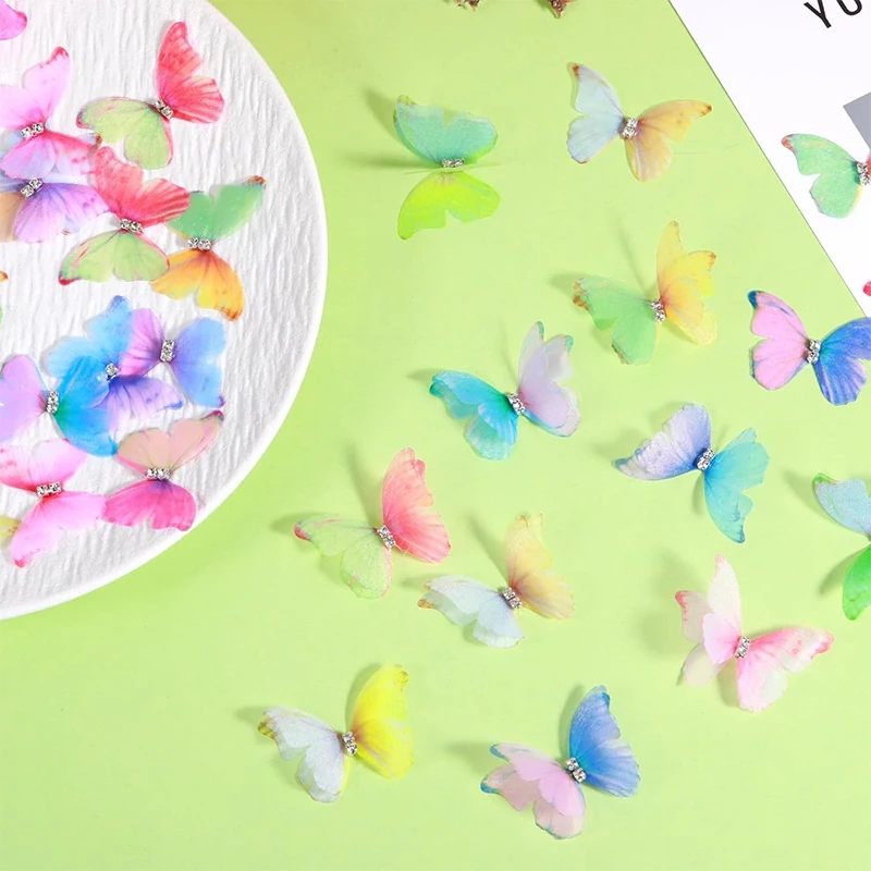 50Pcs 5cm 더블 나비 Appliqued 3D 시뮬레이션 Organza 나비 패치 DIY 공예 웨딩 파티 홈 장식