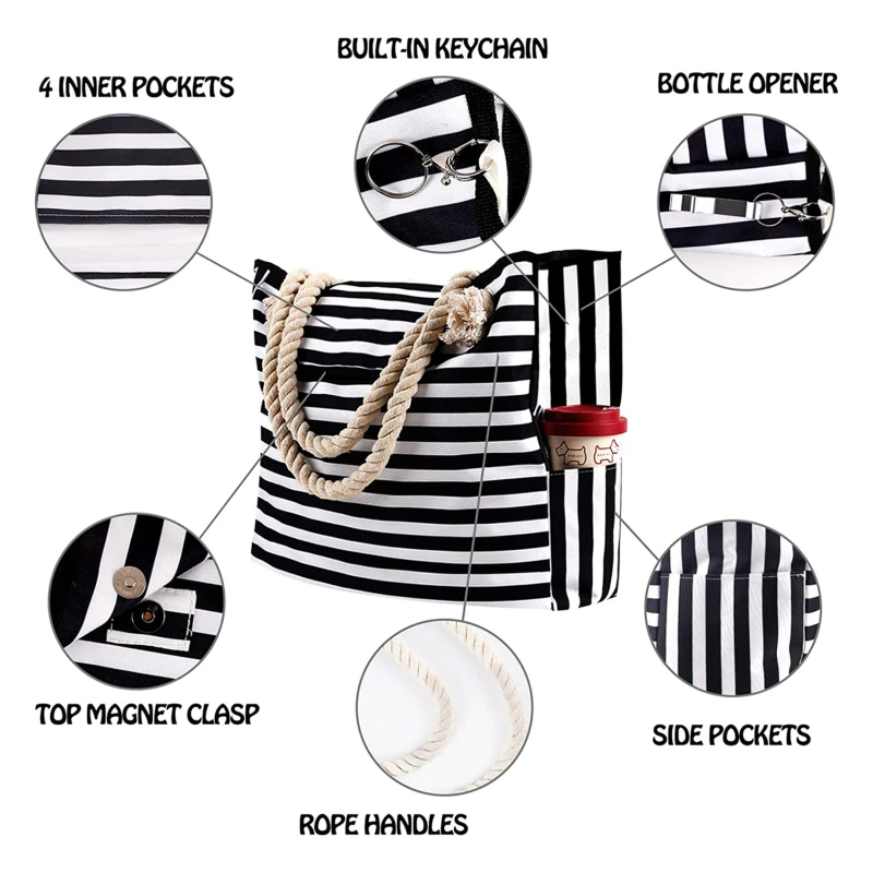 sac rayé, sac fourre-tout, sac toile, sac bandoulière, grande capacité, sac shopping, sac plage,