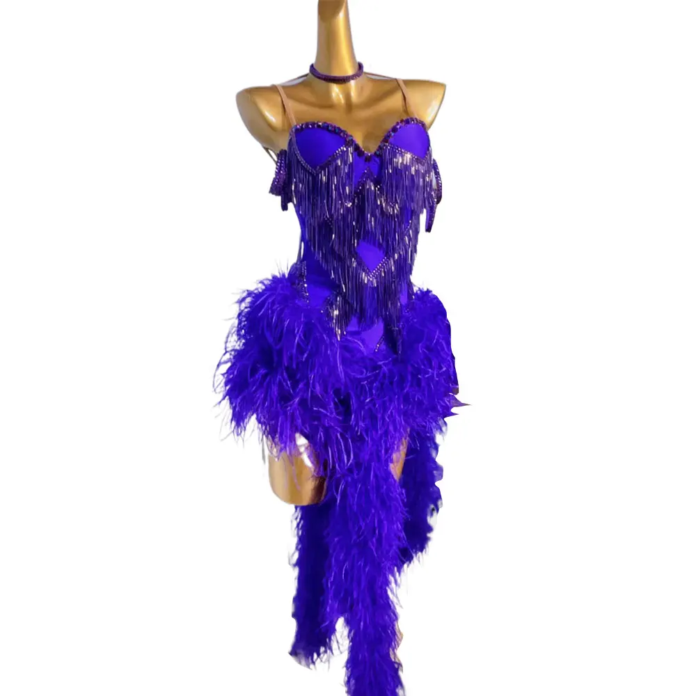 

Latin Dance National Standard Competition Clothing High-end Custom Diamond Suspender Fluffy Tail Samba Standard Dress