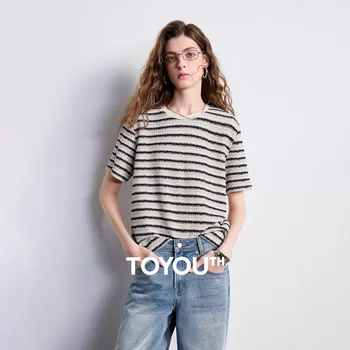 TOYOUTH Women T-shirt 2026 Summer New Striped Round Neck Combined Fashionable Heavy-duty Top 1