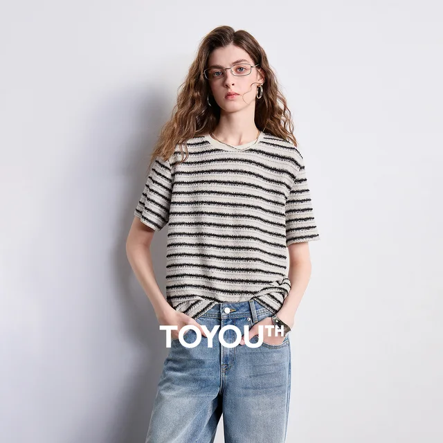 T-shirt Femme TOYOUTH 2026 Nouvelle Collection Été Rayé Col Rond Tendance Haut Robuste et Tendance 1