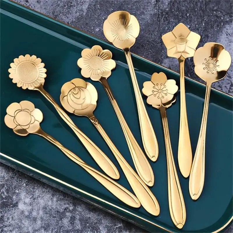 8Pcs Flower Spoon Set Small Teaspoon Coffee Spoon Cute Ice Cream Dessert Silver Gold Stainless Steel For Coffee Tea stainless steel spoon tea spoon