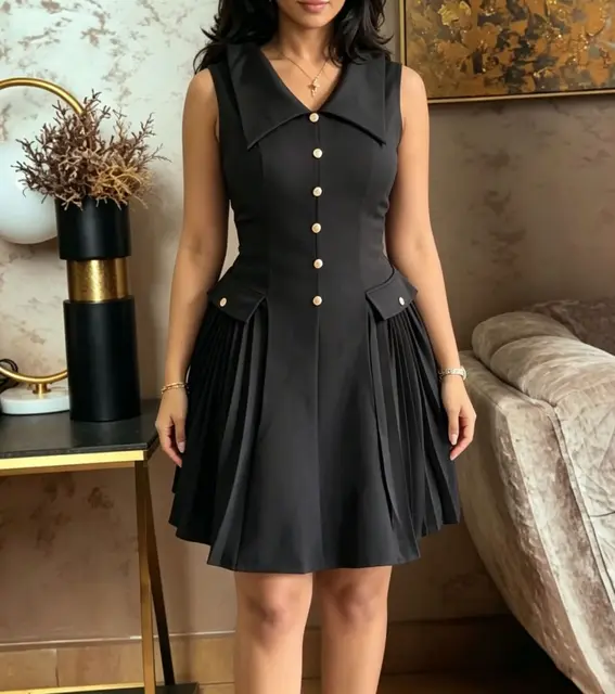 Robe de travail élégante pour femmes, col à boutons dorés, sans manches, coupe ample, style plissé. 5 Robe de travail élégante pour femmes, col à boutons dorés, sans manches, coupe ample, style plissé. 5
