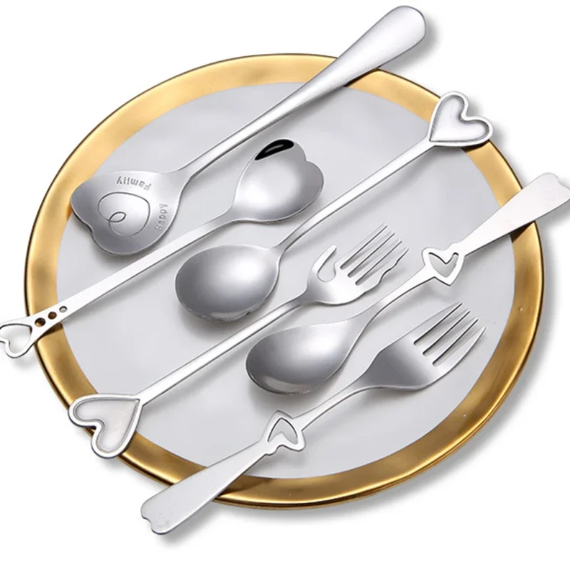 Eco-friendly Stainless Steel Love Forks and Spoon Set Heart Shaped Coffee Spoon Fruit Fork Wedding Dinnerware Set Tableware Gift
