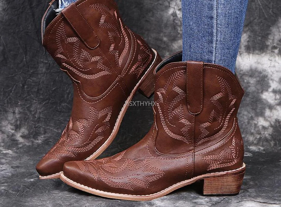 

Casual Autumn Winter Western Cowboy Ankle Boots Women Snake Leather Cowgirl Booties Short Cossacks botas High Heels Shoes