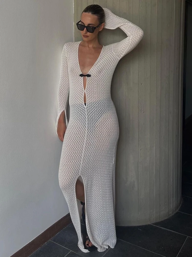 

Taruxy Summer Beach Long Dress Women Long Sleeve Hollow Out Sexy Maxi Dresses Femme White V-Neck Split Floor Vestidos 2022