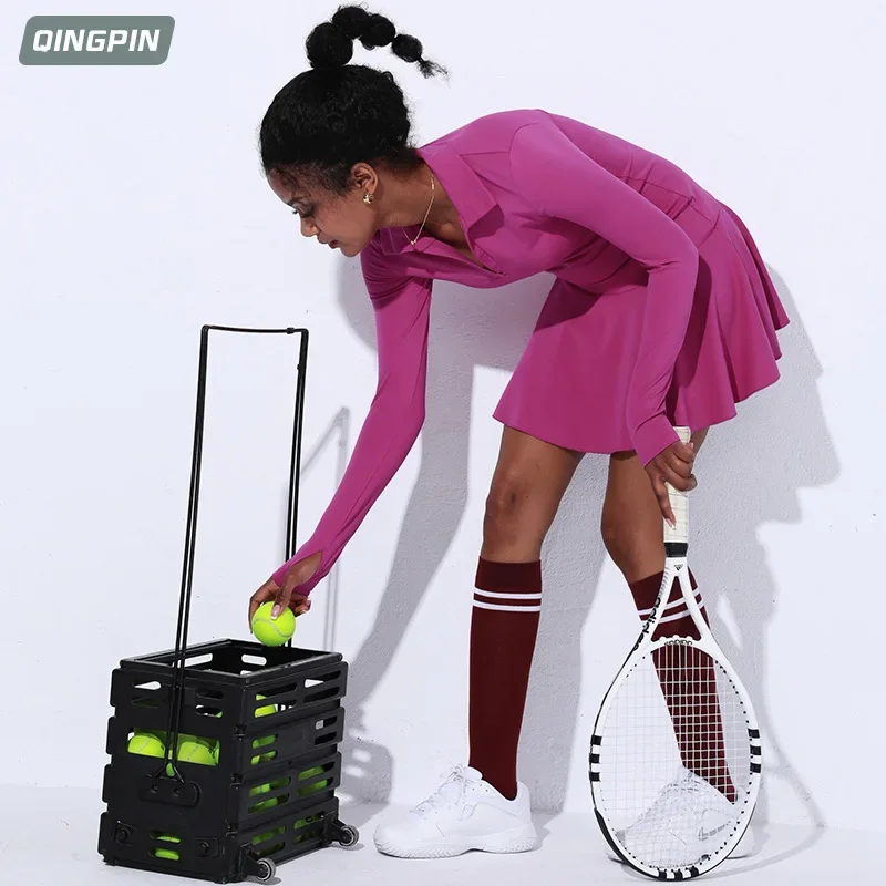 Women's Sports One Piece Tennis Dress Nude Fitness Long Sleeve High Neck Badminton Sports Skirt Tennis Dress Women
