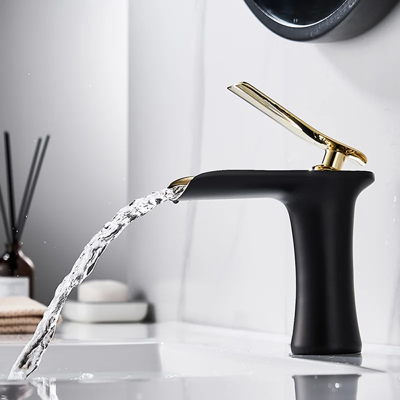 

Contemporary Design Bathroom Sink Basin Faucet With Cold And Hot Water Handles And Waterfall Spout Washbasin Wash Hand Metal Tap
