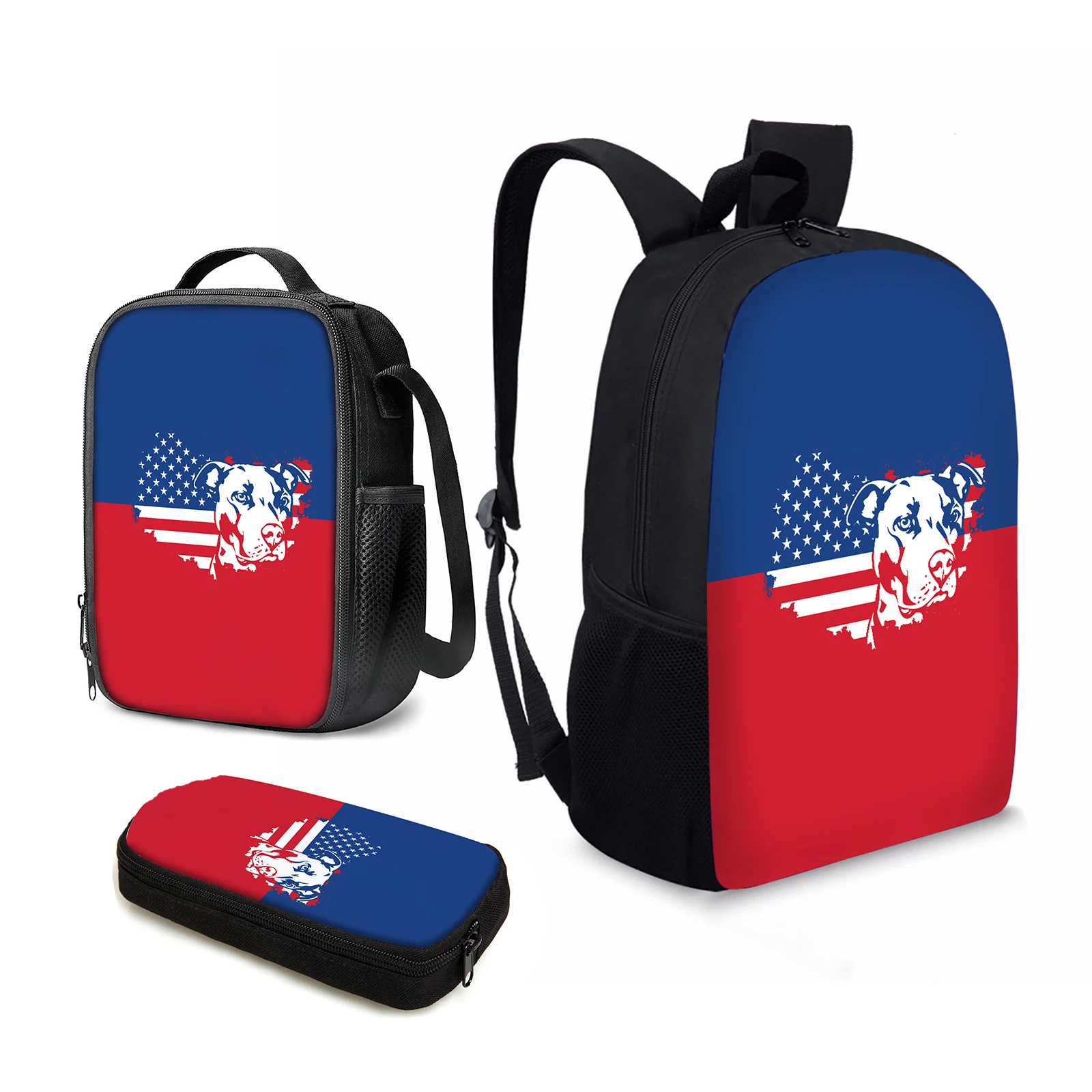 

YIKELUO 3PCS American Flag Designs Back To School Gifts Pitbull Print Waterproof Travel Bag Animal Print Insulated Lunch Bag