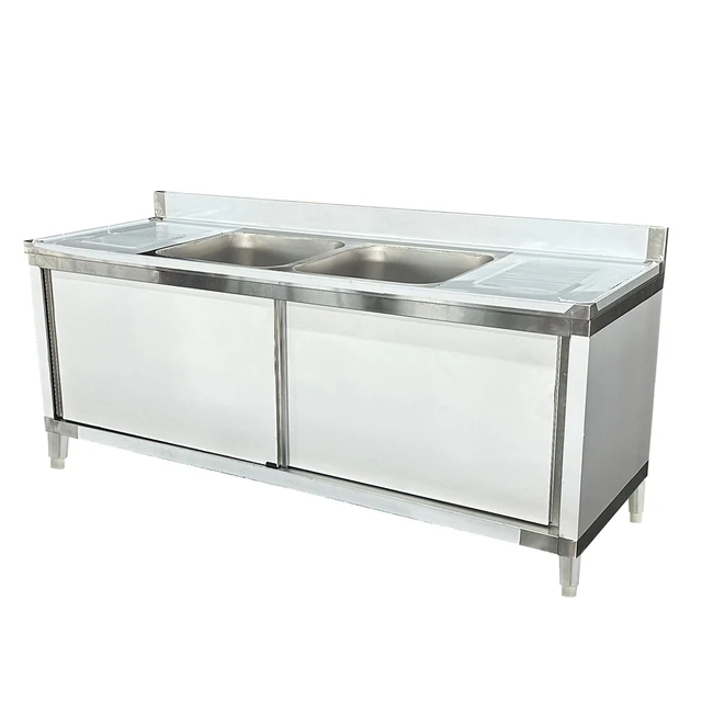 ตู้เก็บของสแตนเลสลดราคาพิเศษ พร้อมอ่างล้างจานสองอ่างและแผ่นกันน้ำกระเด็น พร้อมบานเลื่อน 2