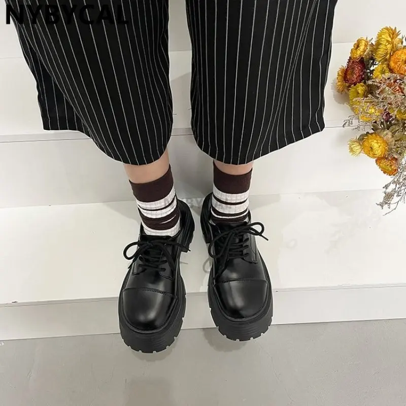 2023 New Women Loafers Female Fashion Platform Pu Block Heels Lolita Shoes Ladies Cute Lace Up Shallow Autumn Sudents Footwear