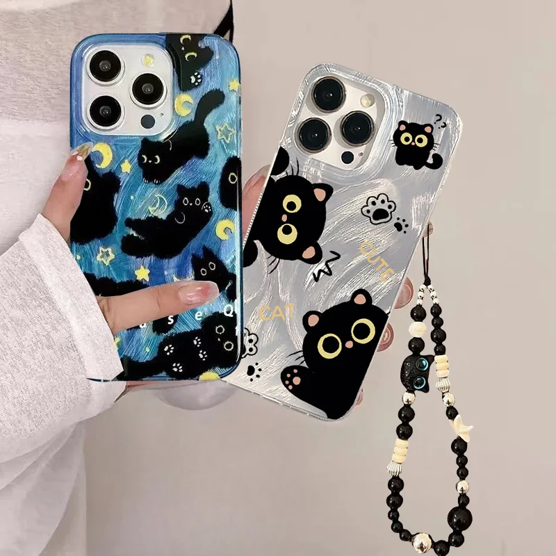 Cute Laser Silver Blue Black Cat Butterfly Phone Case Cover