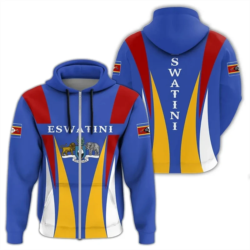 Africa Swaziland Map Flag 3D Print Zip Up Hoodies For Men Eswatini Patriotic Tracksuit National Emblem Graphic Sweatshirts Tops