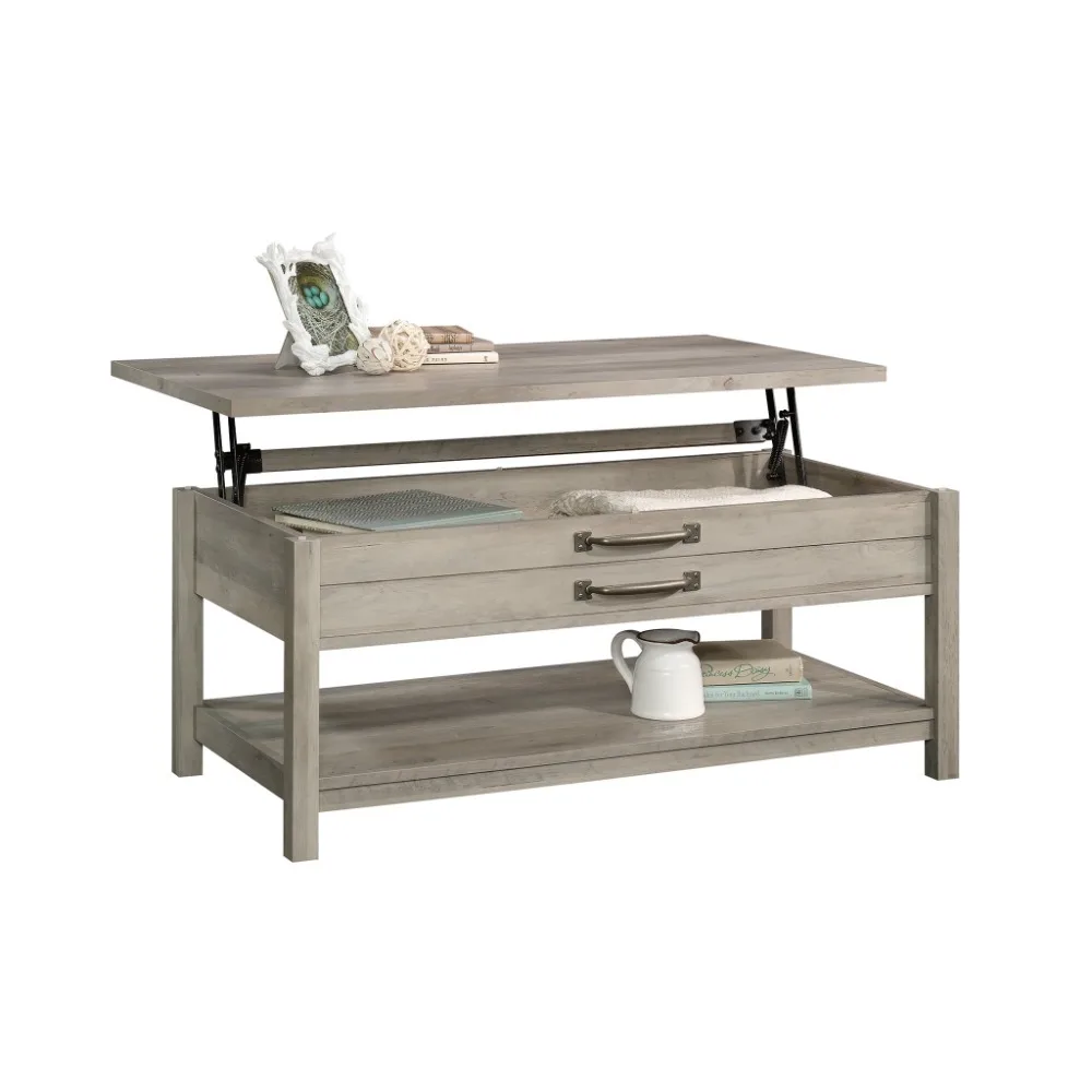 Modern Farmhouse Lift Top Coffee Table, lift-top surface, hidden storage, an open shelf for display, Rustic Gray/Rustic White 5