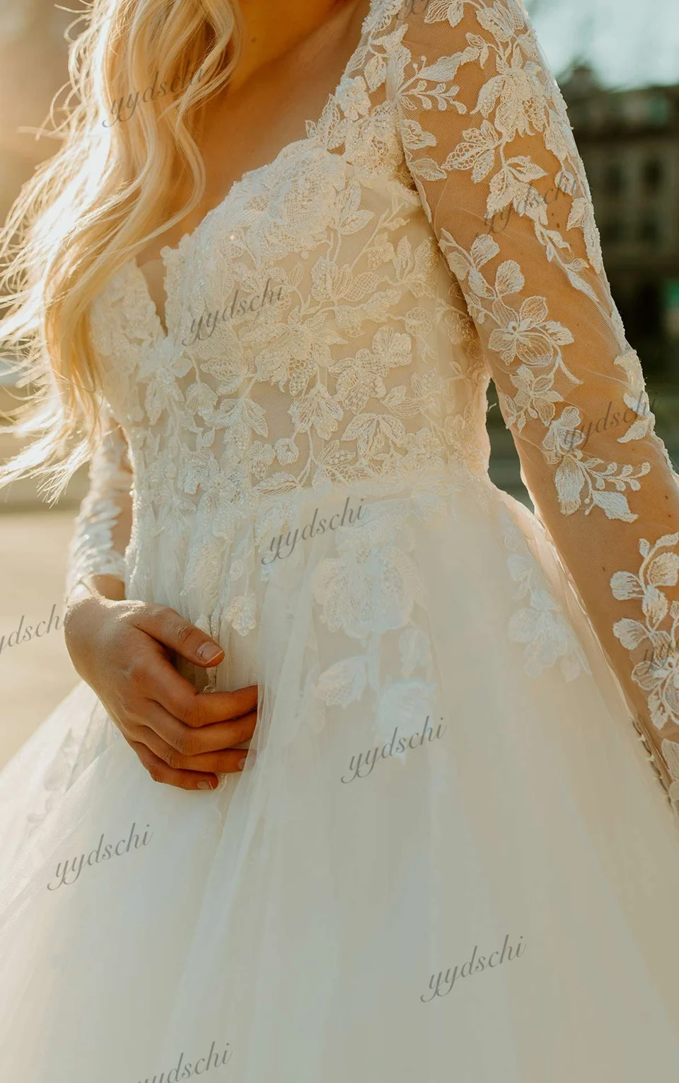 Maßgeschneiderte Elegante Weiße Hochzeitskleider 2026 mit Langen Ärmeln, Quadratischem Ausschnitt, Applikationen und Rückenausschnitt, Lange Brautkleider Vestido De Noiva – Detail 4