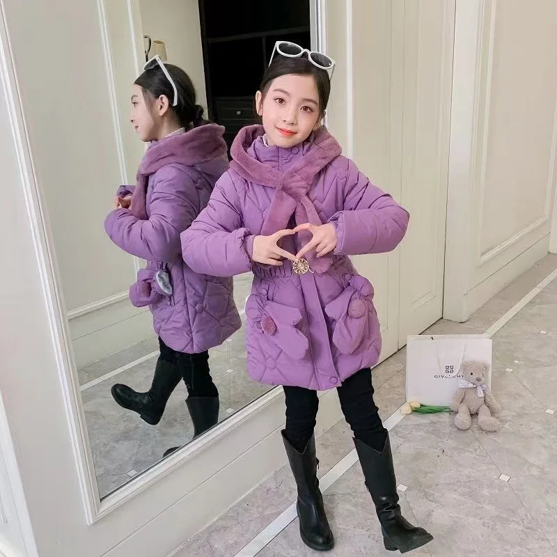 

Пальто для девочек, куртка, хлопковая верхняя одежда, ветровка 2023, фиолетовая, утепленная, бархатная, зимняя, теплая, детская одежда высокого качества